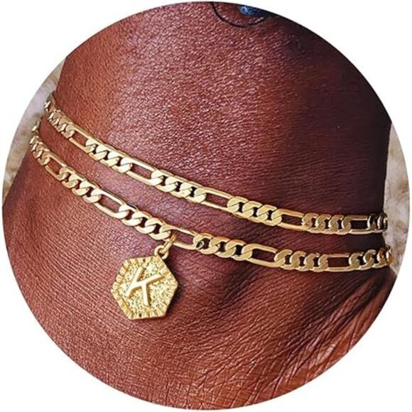 Initial Ankle Bracelets for Women, 14K Gold Plated Double Layered Initial Anklet - Picture 7 of 7
